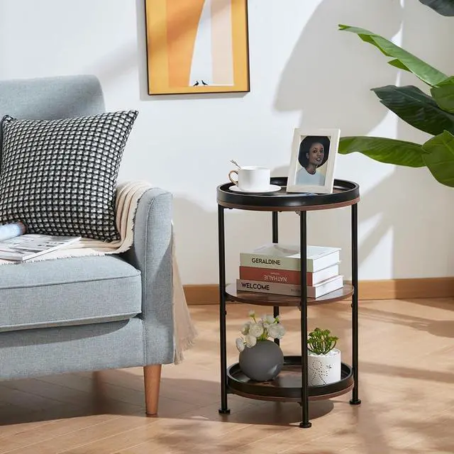 Alt view image 2 of 7 - Dulcii Side Table, Round End Table with 3 Storage Shelves for Living Room, Bedroom, Nightstand with Steel Frame for Small Spaces, Industrial Round Sofa Table, Outdoor Accent Coffee Table, Rustic Brown