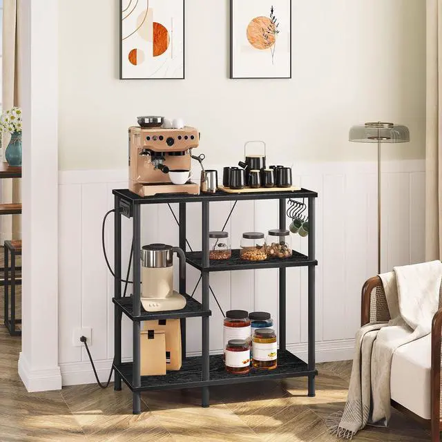Alt view image 7 of 7 - HOOBRO Bakers Rack with Power Outlet, Microwave Stand with 5 S-Shaped Hooks, Coffee Bar, Kitchen Storage Shelf, for Kitchen, Living Room, Black BB07UHB01