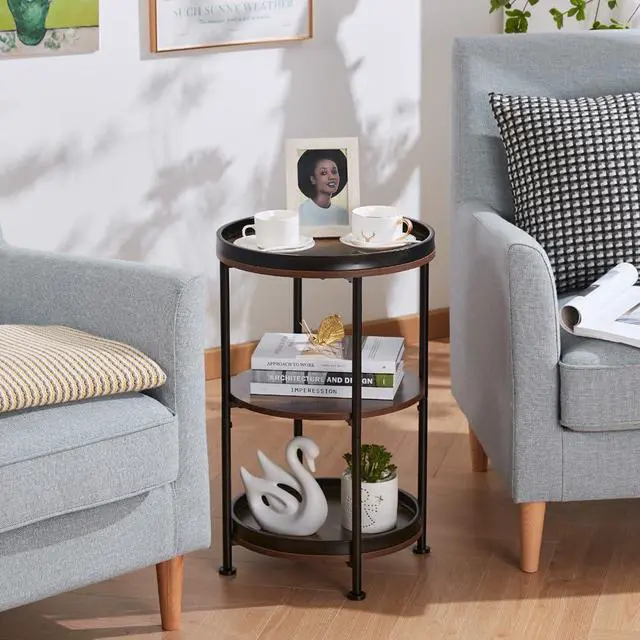 Alt view image 5 of 7 - Dulcii Side Table, Round End Table with 3 Storage Shelves for Living Room, Bedroom, Nightstand with Steel Frame for Small Spaces, Industrial Round Sofa Table, Outdoor Accent Coffee Table, Rustic Brown