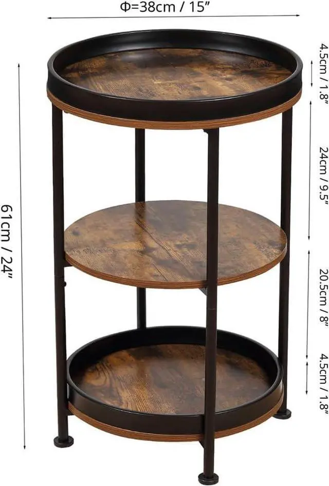 Alt view image 3 of 7 - Dulcii Side Table, Round End Table with 3 Storage Shelves for Living Room, Bedroom, Nightstand with Steel Frame for Small Spaces, Industrial Round Sofa Table, Outdoor Accent Coffee Table, Rustic Brown