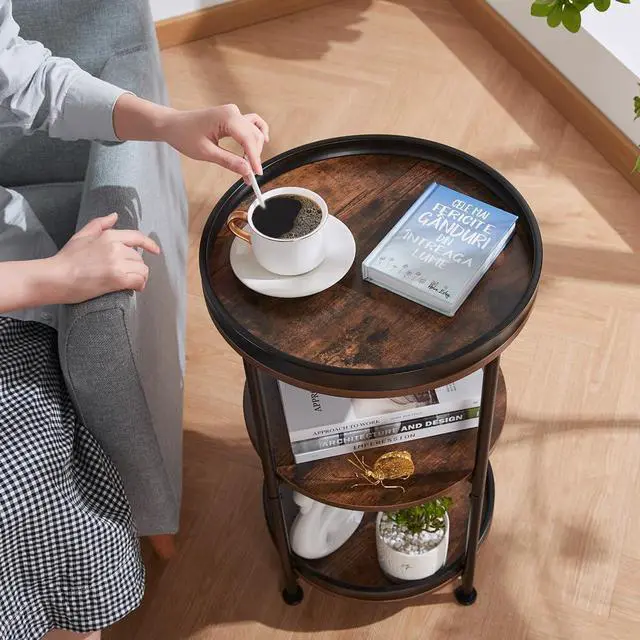 Alt view image 6 of 7 - Dulcii Side Table, Round End Table with 3 Storage Shelves for Living Room, Bedroom, Nightstand with Steel Frame for Small Spaces, Industrial Round Sofa Table, Outdoor Accent Coffee Table, Rustic Brown