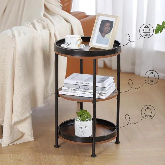 Alt view image 7 of 7 - Dulcii Side Table, Round End Table with 3 Storage Shelves for Living Room, Bedroom, Nightstand with Steel Frame for Small Spaces, Industrial Round Sofa Table, Outdoor Accent Coffee Table, Rustic Brown
