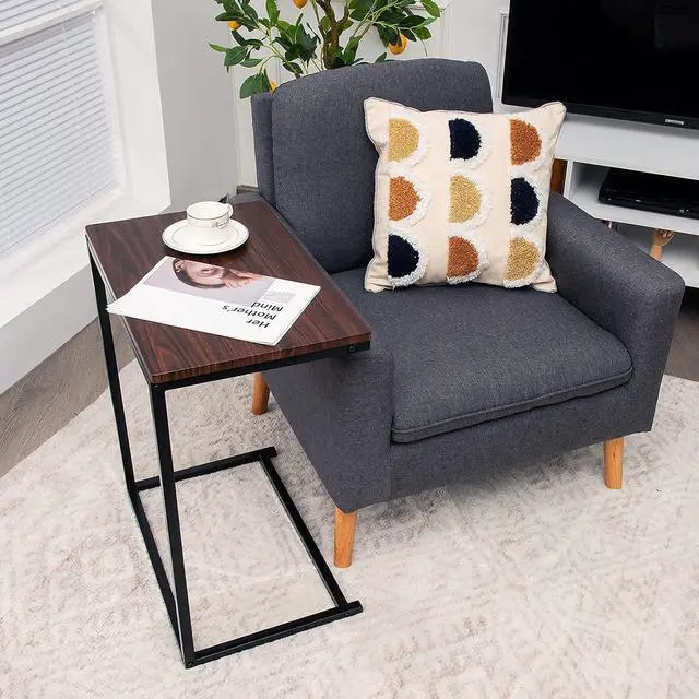 Alt view image 2 of 7 - Tangkula Sofa Side Table C Shaped Table, Vintage Couch Table Sofa Side Table for Coffee Snack Laptop, Living Room TV Tray End Table