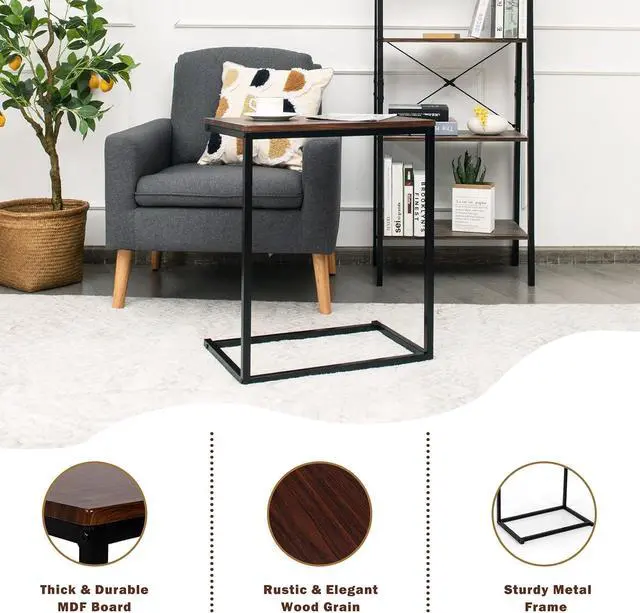 Alt view image 7 of 7 - Tangkula Sofa Side Table C Shaped Table, Vintage Couch Table Sofa Side Table for Coffee Snack Laptop, Living Room TV Tray End Table