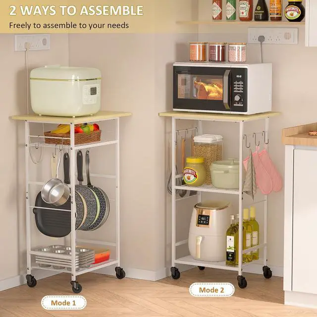 Alt view image 2 of 7 - Rolling Kitchen Microwave Cart, 3 Tier Microwave Table Stand with Adjustable Shelf, Kitchen Storage Rack on Wheels, Coffee Station Cart Rack Shelf Organizer for Living Room Office, Balcony