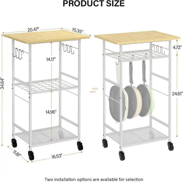 Alt view image 3 of 7 - Rolling Kitchen Microwave Cart, 3 Tier Microwave Table Stand with Adjustable Shelf, Kitchen Storage Rack on Wheels, Coffee Station Cart Rack Shelf Organizer for Living Room Office, Balcony