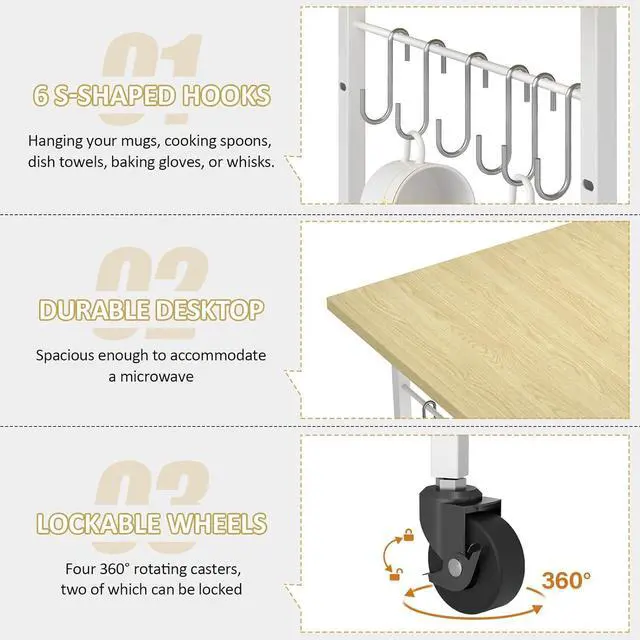 Alt view image 4 of 7 - Rolling Kitchen Microwave Cart, 3 Tier Microwave Table Stand with Adjustable Shelf, Kitchen Storage Rack on Wheels, Coffee Station Cart Rack Shelf Organizer for Living Room Office, Balcony