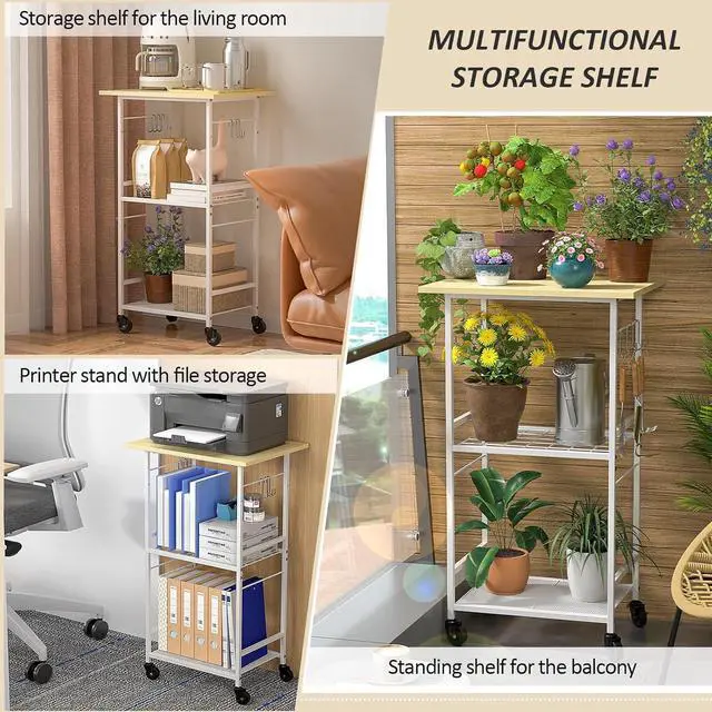 Alt view image 5 of 7 - Rolling Kitchen Microwave Cart, 3 Tier Microwave Table Stand with Adjustable Shelf, Kitchen Storage Rack on Wheels, Coffee Station Cart Rack Shelf Organizer for Living Room Office, Balcony