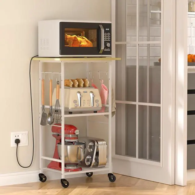 Alt view image 7 of 7 - Rolling Kitchen Microwave Cart, 3 Tier Microwave Table Stand with Adjustable Shelf, Kitchen Storage Rack on Wheels, Coffee Station Cart Rack Shelf Organizer for Living Room Office, Balcony