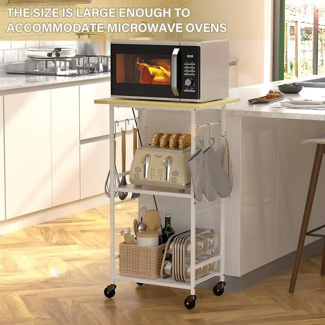 Alt view image 6 of 7 - Rolling Kitchen Microwave Cart, 3 Tier Microwave Table Stand with Adjustable Shelf, Kitchen Storage Rack on Wheels, Coffee Station Cart Rack Shelf Organizer for Living Room Office, Balcony