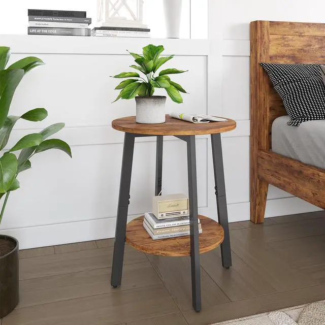 Alt view image 2 of 7 - Side Table, Small Round End Table with Storage Shelf for Small Space, 2-Tier Small Bedside Table Sofa Couch Table, Round Accent Table Nighstands for Living Room, Bedroom, Rustic Brown