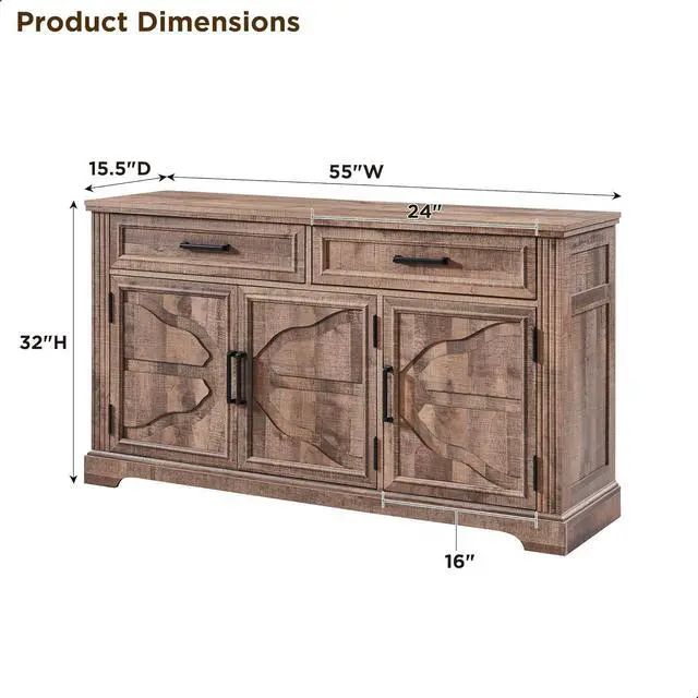 Alt view image 2 of 7 - JXQTLINGMU 55" Large Buffet Sideboard Cabinet with 3 Doors and 2 Drawers, Buffet Table Coffee Bar Wine Bar Storage Cabinet for Dining Room, Living Room, Warm Brown