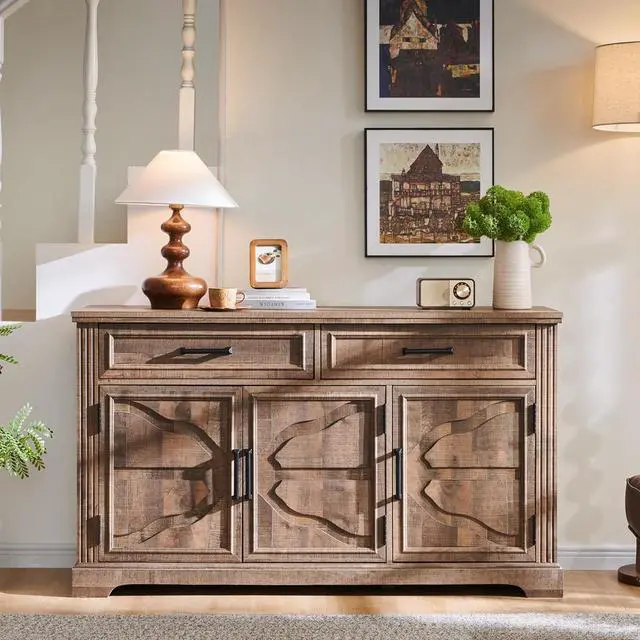 Alt view image 3 of 7 - JXQTLINGMU 55" Large Buffet Sideboard Cabinet with 3 Doors and 2 Drawers, Buffet Table Coffee Bar Wine Bar Storage Cabinet for Dining Room, Living Room, Warm Brown