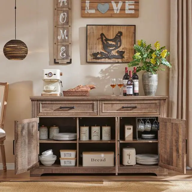Alt view image 4 of 7 - JXQTLINGMU 55" Large Buffet Sideboard Cabinet with 3 Doors and 2 Drawers, Buffet Table Coffee Bar Wine Bar Storage Cabinet for Dining Room, Living Room, Warm Brown