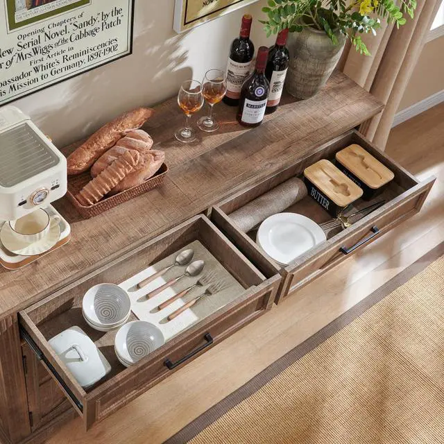 Alt view image 5 of 7 - JXQTLINGMU 55" Large Buffet Sideboard Cabinet with 3 Doors and 2 Drawers, Buffet Table Coffee Bar Wine Bar Storage Cabinet for Dining Room, Living Room, Warm Brown