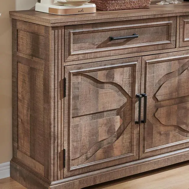 Alt view image 7 of 7 - JXQTLINGMU 55" Large Buffet Sideboard Cabinet with 3 Doors and 2 Drawers, Buffet Table Coffee Bar Wine Bar Storage Cabinet for Dining Room, Living Room, Warm Brown