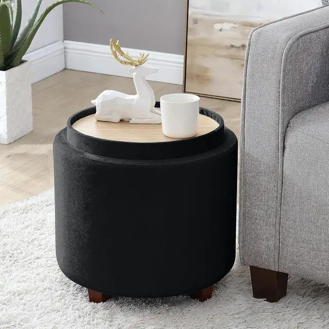 Main image of Ornavo Home Lawrence Round Storage Ottoman with Lift Off Lid and Tray Lid Coffee Table, Ottoman with Storage for Living Room, Bedroom and Office, Velvet Black