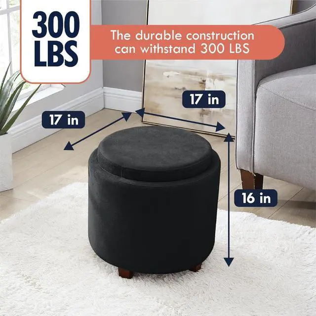 Alt view image 2 of 7 - Ornavo Home Lawrence Round Storage Ottoman with Lift Off Lid and Tray Lid Coffee Table, Ottoman with Storage for Living Room, Bedroom and Office, Velvet Black