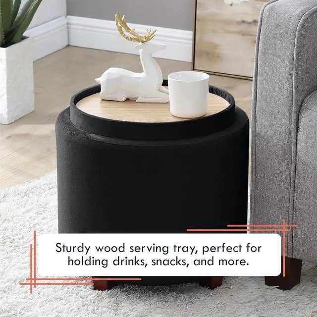 Alt view image 4 of 7 - Ornavo Home Lawrence Round Storage Ottoman with Lift Off Lid and Tray Lid Coffee Table, Ottoman with Storage for Living Room, Bedroom and Office, Velvet Black