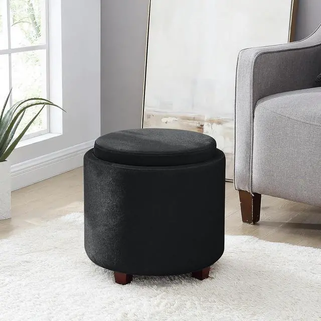 Alt view image 6 of 7 - Ornavo Home Lawrence Round Storage Ottoman with Lift Off Lid and Tray Lid Coffee Table, Ottoman with Storage for Living Room, Bedroom and Office, Velvet Black