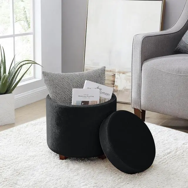 Alt view image 7 of 7 - Ornavo Home Lawrence Round Storage Ottoman with Lift Off Lid and Tray Lid Coffee Table, Ottoman with Storage for Living Room, Bedroom and Office, Velvet Black
