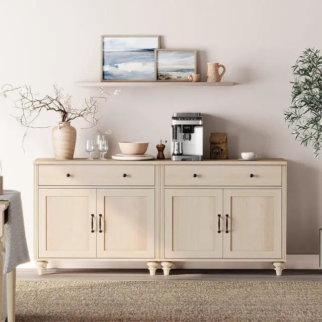Main image of WAMPAT Buffet Cabinet with 4 Doors and 2 Drawers, Large Coffee Bar Table Wood Kitchen Storage Cabinets with Storage Cabinets, Modern Farmhouse Sideboard Credenza for Dining Room, Beige, 68 inch
