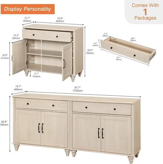Alt view image 2 of 6 - WAMPAT Buffet Cabinet with 4 Doors and 2 Drawers, Large Coffee Bar Table Wood Kitchen Storage Cabinets with Storage Cabinets, Modern Farmhouse Sideboard Credenza for Dining Room, Beige, 68 inch
