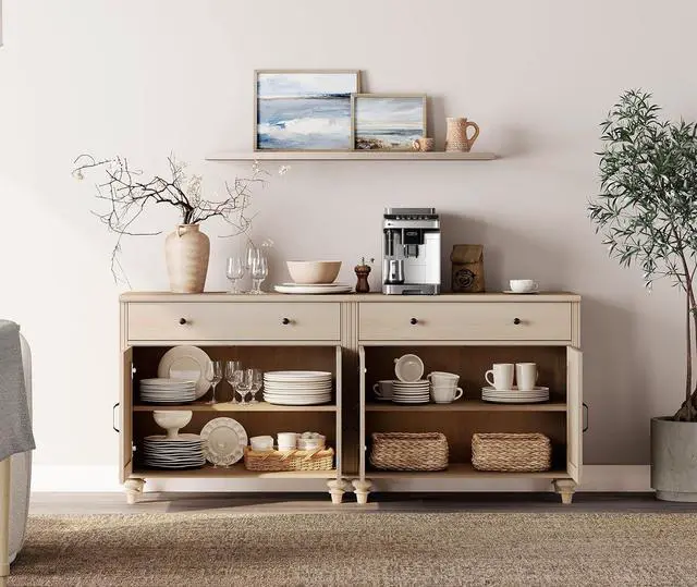 Alt view image 3 of 6 - WAMPAT Buffet Cabinet with 4 Doors and 2 Drawers, Large Coffee Bar Table Wood Kitchen Storage Cabinets with Storage Cabinets, Modern Farmhouse Sideboard Credenza for Dining Room, Beige, 68 inch