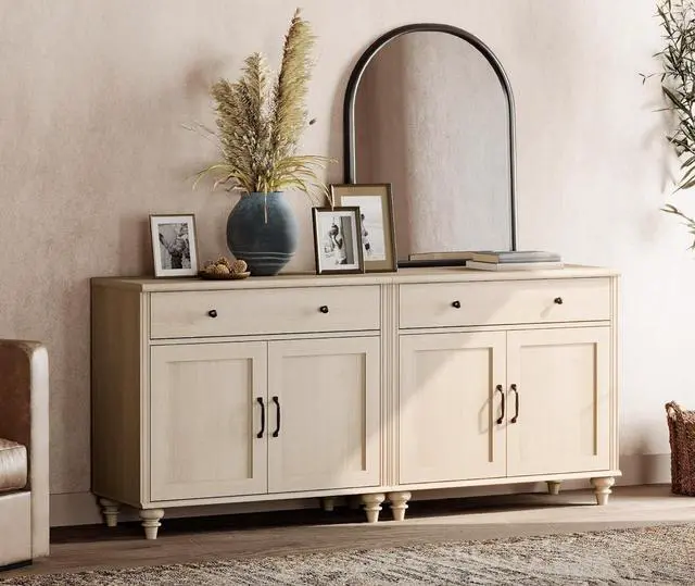 Alt view image 4 of 6 - WAMPAT Buffet Cabinet with 4 Doors and 2 Drawers, Large Coffee Bar Table Wood Kitchen Storage Cabinets with Storage Cabinets, Modern Farmhouse Sideboard Credenza for Dining Room, Beige, 68 inch