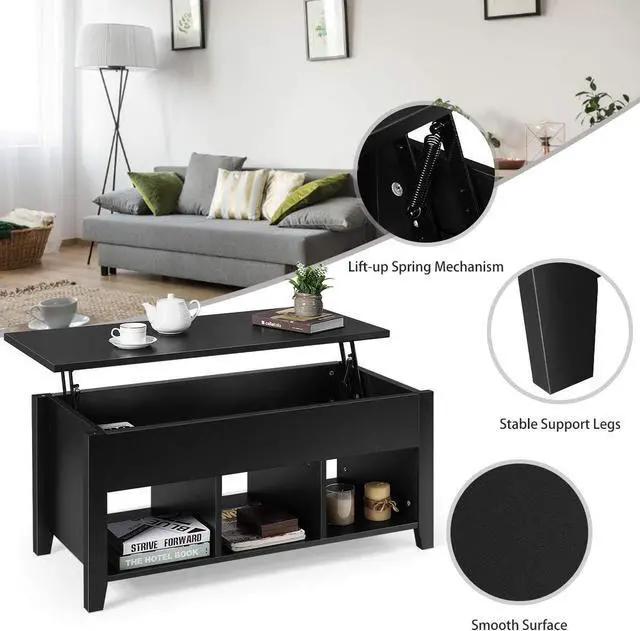 Alt view image 6 of 7 - Tangkula Lift Top Coffee Table, Wood Home Living Room Modern Lift Top Storage Coffee Table w/Hidden Compartment Lift Tabletop Furniture (Black)