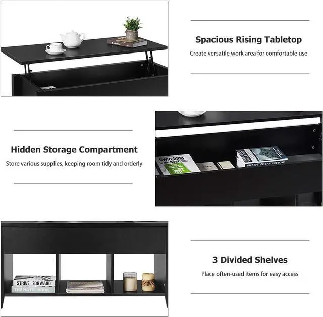 Alt view image 7 of 7 - Tangkula Lift Top Coffee Table, Wood Home Living Room Modern Lift Top Storage Coffee Table w/Hidden Compartment Lift Tabletop Furniture (Black)