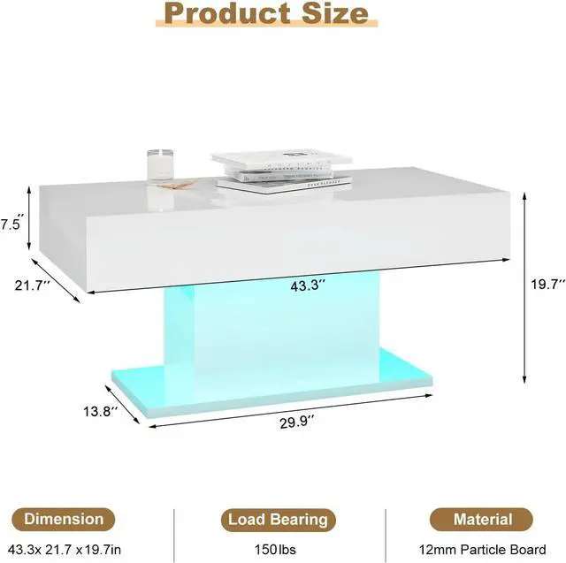 Alt view image 2 of 7 - Led Coffee Table for Living Room, Living Room Table Rectangular Center Table, Modern High Glossy Wooden Coffee Tables with 16 Colors LED Lights for Dining Reception Room, White
