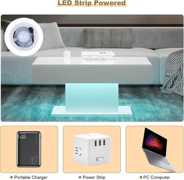 Alt view image 5 of 7 - Led Coffee Table for Living Room, Living Room Table Rectangular Center Table, Modern High Glossy Wooden Coffee Tables with 16 Colors LED Lights for Dining Reception Room, White