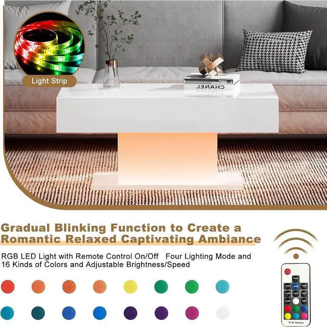 Alt view image 4 of 7 - Led Coffee Table for Living Room, Living Room Table Rectangular Center Table, Modern High Glossy Wooden Coffee Tables with 16 Colors LED Lights for Dining Reception Room, White