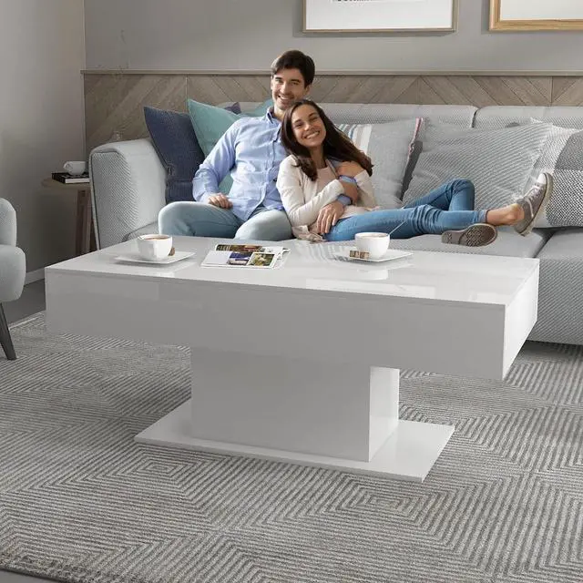 Alt view image 7 of 7 - Led Coffee Table for Living Room, Living Room Table Rectangular Center Table, Modern High Glossy Wooden Coffee Tables with 16 Colors LED Lights for Dining Reception Room, White