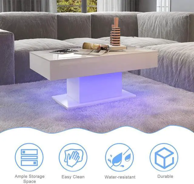 Alt view image 6 of 7 - Led Coffee Table for Living Room, Living Room Table Rectangular Center Table, Modern High Glossy Wooden Coffee Tables with 16 Colors LED Lights for Dining Reception Room, White