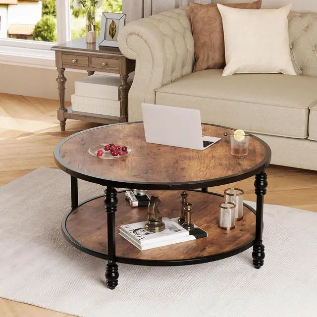 Alt view image 3 of 7 - GAOMON Round Coffee Table Living Room 34.25in Rustic Circle Center Table with Storage Shelf 2-Tier Modern Wood Coffee Table, Easy Assembly(Brown)