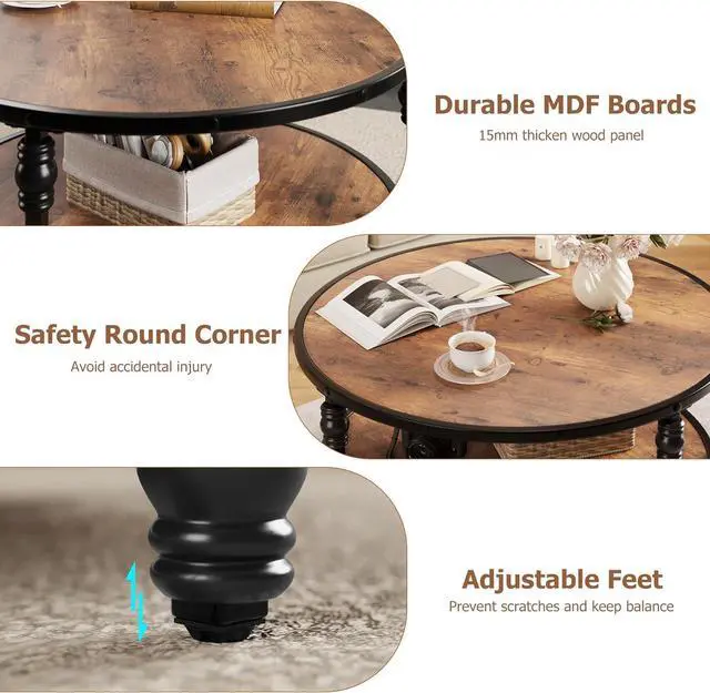 Alt view image 5 of 7 - GAOMON Round Coffee Table Living Room 34.25in Rustic Circle Center Table with Storage Shelf 2-Tier Modern Wood Coffee Table, Easy Assembly(Brown)