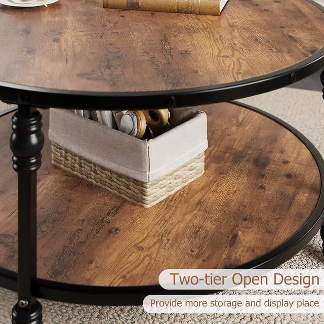 Alt view image 7 of 7 - GAOMON Round Coffee Table Living Room 34.25in Rustic Circle Center Table with Storage Shelf 2-Tier Modern Wood Coffee Table, Easy Assembly(Brown)