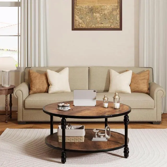 Alt view image 6 of 7 - GAOMON Round Coffee Table Living Room 34.25in Rustic Circle Center Table with Storage Shelf 2-Tier Modern Wood Coffee Table, Easy Assembly(Brown)