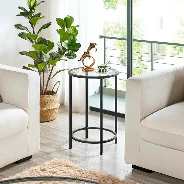 Alt view image 2 of 7 - Yaheetech Glass End Table, Round Side Table, Small Coffee Accent Table Nightstand w/Glass Top & Metal Frame for Living Room/Balcony/Bedroom/Porch/Small Space, Modern Style, Black