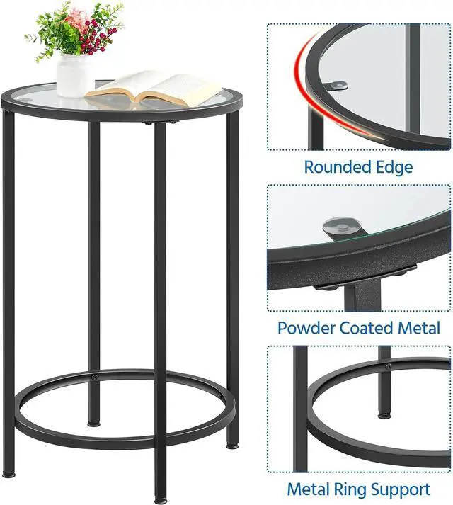 Alt view image 5 of 7 - Yaheetech Glass End Table, Round Side Table, Small Coffee Accent Table Nightstand w/Glass Top & Metal Frame for Living Room/Balcony/Bedroom/Porch/Small Space, Modern Style, Black