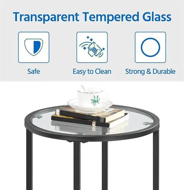 Alt view image 6 of 7 - Yaheetech Glass End Table, Round Side Table, Small Coffee Accent Table Nightstand w/Glass Top & Metal Frame for Living Room/Balcony/Bedroom/Porch/Small Space, Modern Style, Black