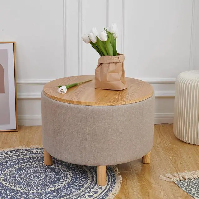 Main image of Simple&Opulence Modern Round Storage Coffee Table Ottoman for Living Room Bedroom, Accent Drum Side Table, Nightstand, Footstool, Sofa End Table with Wood Lid Tray and Solid Wood Legs (Beige)