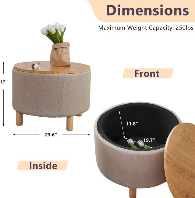 Alt view image 2 of 7 - Simple&Opulence Modern Round Storage Coffee Table Ottoman for Living Room Bedroom, Accent Drum Side Table, Nightstand, Footstool, Sofa End Table with Wood Lid Tray and Solid Wood Legs (Beige)