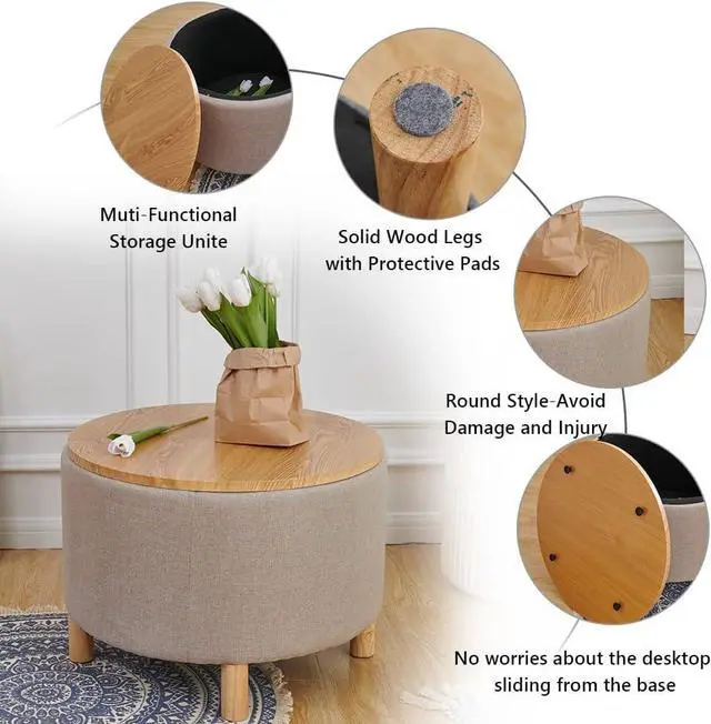 Alt view image 4 of 7 - Simple&Opulence Modern Round Storage Coffee Table Ottoman for Living Room Bedroom, Accent Drum Side Table, Nightstand, Footstool, Sofa End Table with Wood Lid Tray and Solid Wood Legs (Beige)