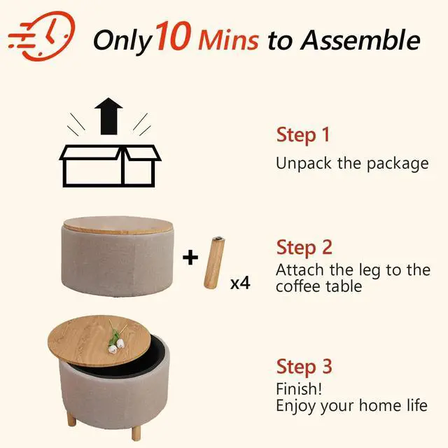 Alt view image 5 of 7 - Simple&Opulence Modern Round Storage Coffee Table Ottoman for Living Room Bedroom, Accent Drum Side Table, Nightstand, Footstool, Sofa End Table with Wood Lid Tray and Solid Wood Legs (Beige)