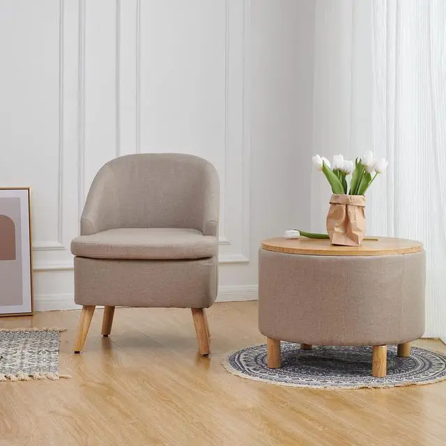 Alt view image 6 of 7 - Simple&Opulence Modern Round Storage Coffee Table Ottoman for Living Room Bedroom, Accent Drum Side Table, Nightstand, Footstool, Sofa End Table with Wood Lid Tray and Solid Wood Legs (Beige)