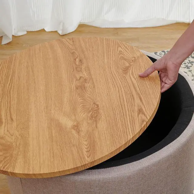 Alt view image 7 of 7 - Simple&Opulence Modern Round Storage Coffee Table Ottoman for Living Room Bedroom, Accent Drum Side Table, Nightstand, Footstool, Sofa End Table with Wood Lid Tray and Solid Wood Legs (Beige)