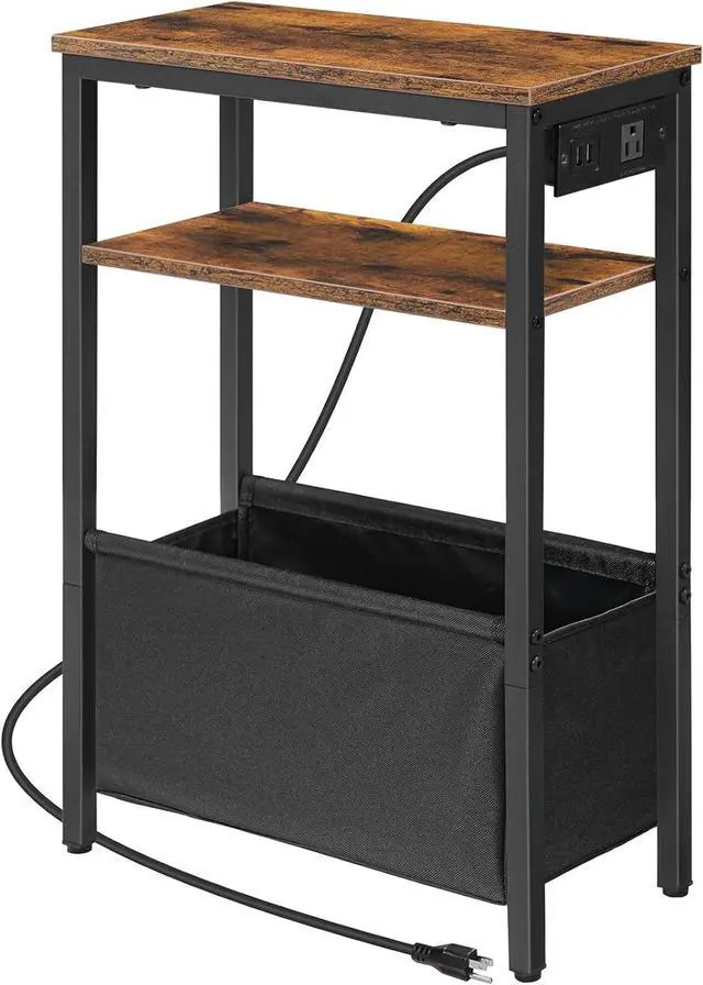 Main image of HOOBRO Small Narrow Side Table, Skinny End Table with Charging Station, Extra Slim Nightstand with Storage for Small Spaces, Thin End Table for Living Room, Rustic Brown and Black BF125UBZ01